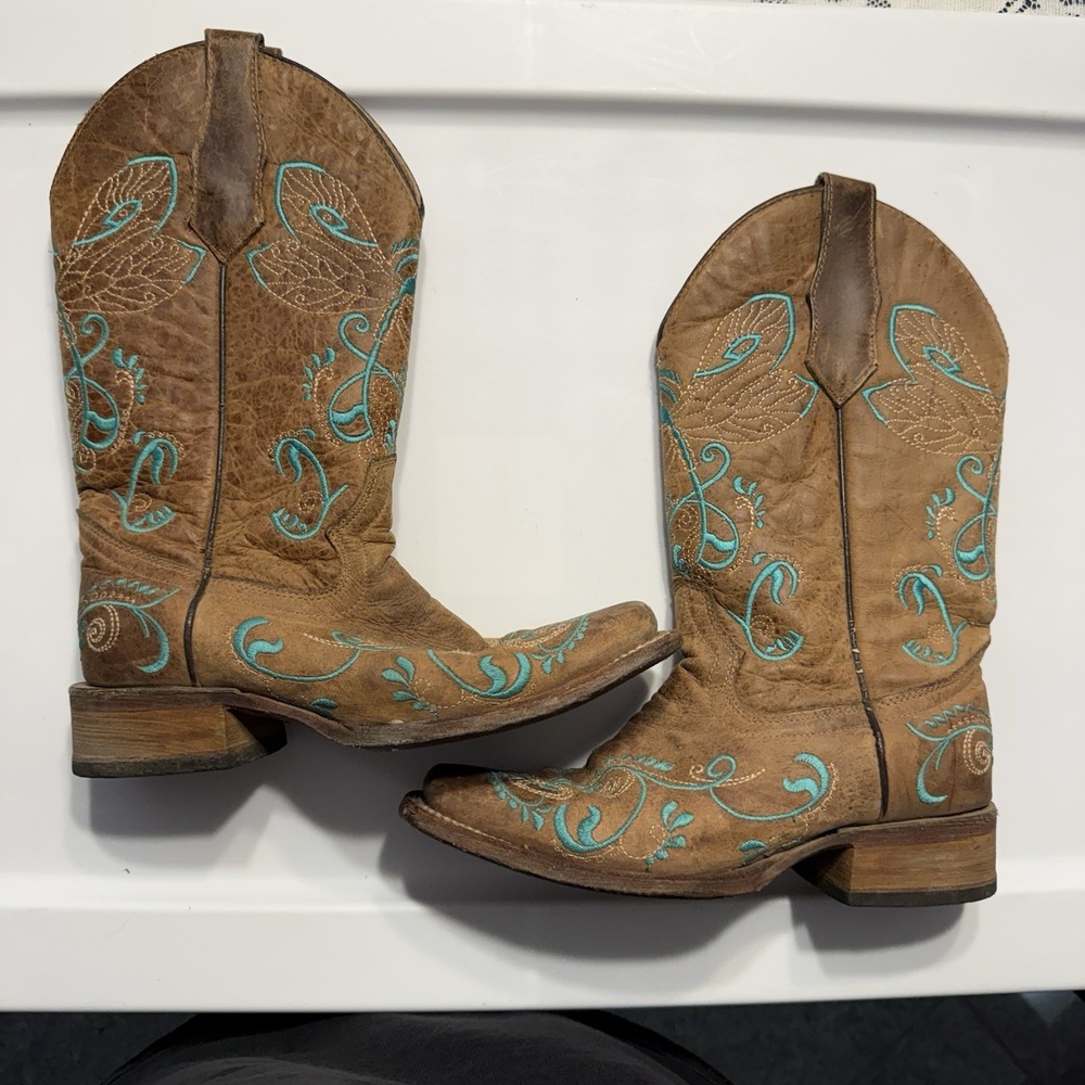 Circle G Cowboy Boots Womens 5.5 Tan Turquoise Embroidered Western Cowgirl Boots
